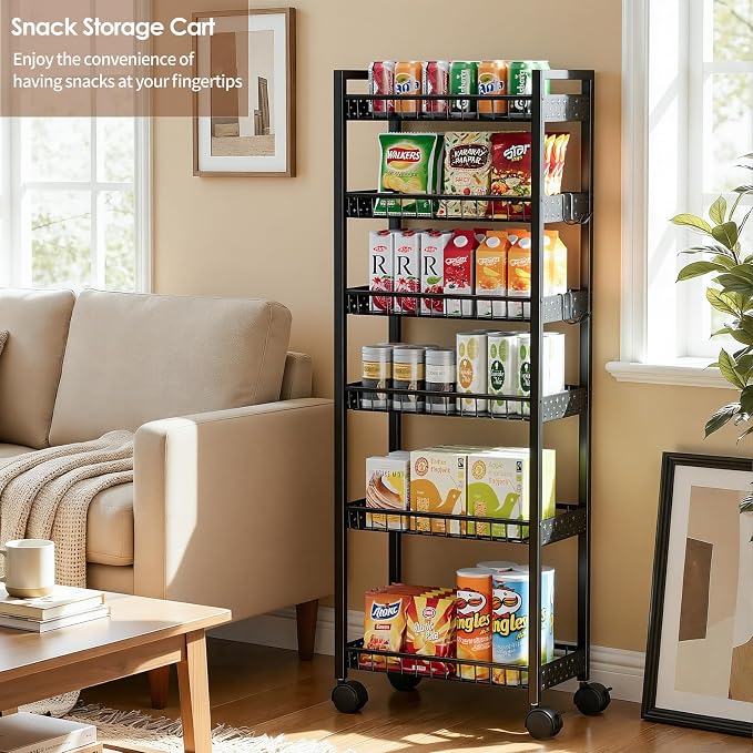 6 Tier Slim Storage Cart, Narrow Rolling Cart with Wheels, Narrow Mobile Utility Shelf Unit Organizer for Kitchen, Bathroom, Laundry Room, Living Room, Small Places, 6in(W), Black