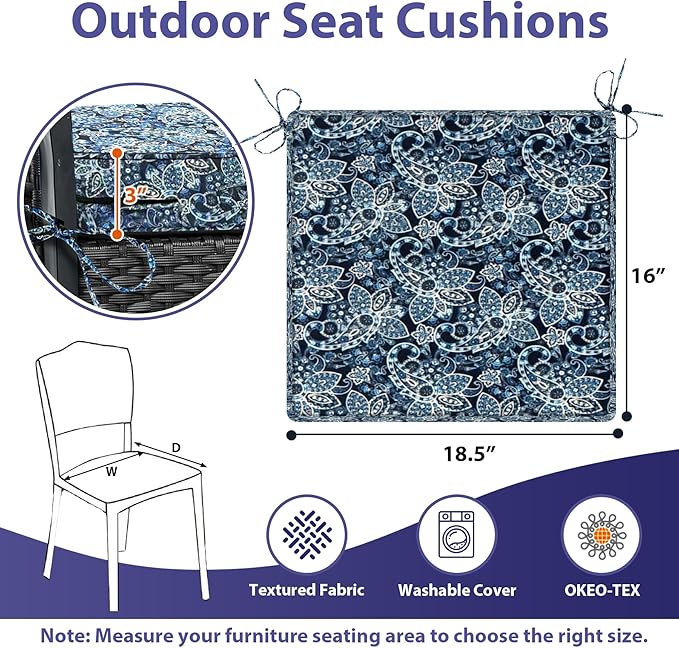 IPYNBAP Outdoor Chair Cushions Set of 4 -Waterproof Outdoor Seat Cushions for Patio Furniture, Patio Chair Cushion with Handle and Ties, Out Door Chair Pads,18.5x16x3-Square, Green Paisley