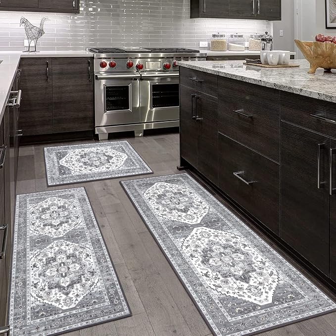 HEBE Boho Kitchen Rug Sets 3 Piece with Runner Non Slip Kitchen Rugs and Mats Washable Kitchen Mats for Floor Thick Kitchen Floor Mat Carpet Runner Rugs for Hallway Laundry Holiday Decor