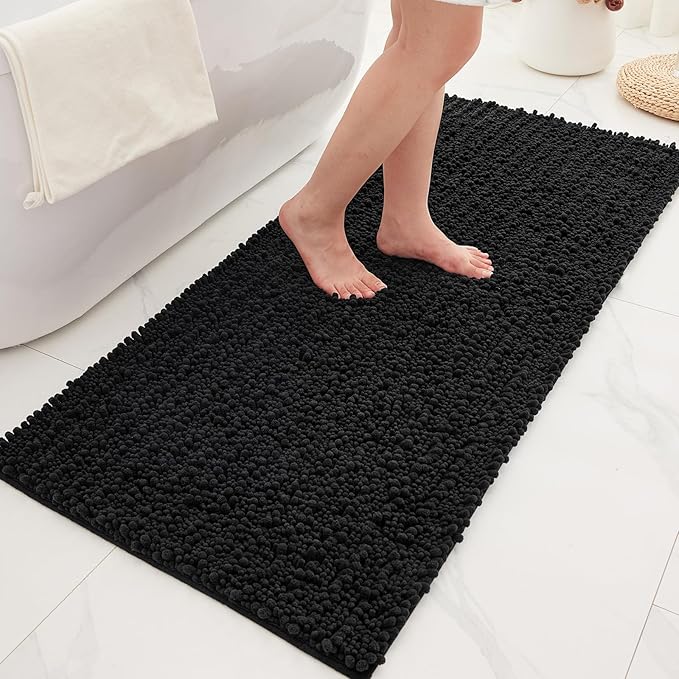 Bathroom Rugs Non Slip Washable 44x24, Extra Thick Soft Chenille Absorbent Bath Mat, High Density Barrier Non Slip Backing, Quick Dry Plush Shaggy Floor Carpet for Tub&Shower, Black