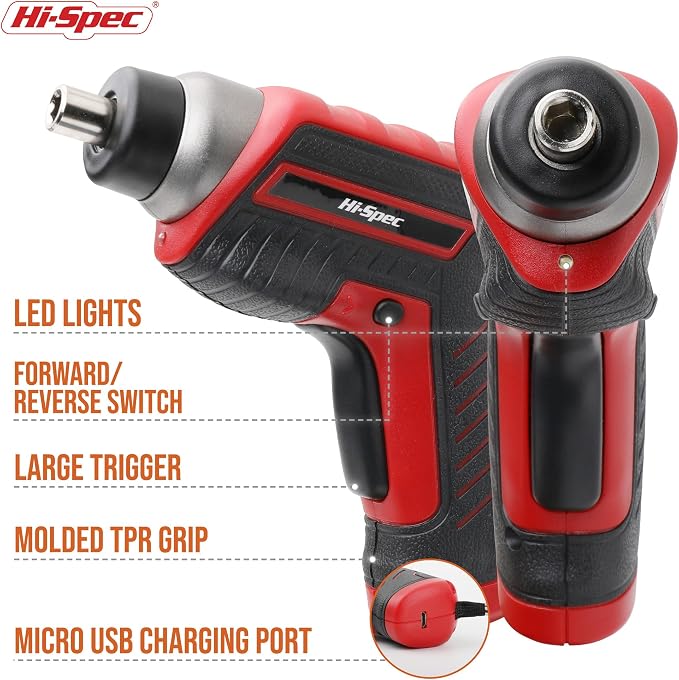 Hi-Spec 35pc Red Tool Kit with 3.6V USB Electric Screwdriver and Drill Set. Complete Basic Tool Set
