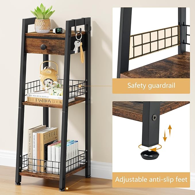 Gewudraw 3-Tier Narrow Ladder Shelf with Drawer, Bathroom Table Stand for Small Space, Narrow Bathroom Standing Shelves with Storage for Living Room Bedroom Kitchen, Organizer Shelf, Rustic Brown