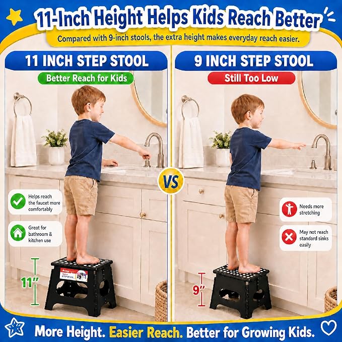 ACSTEP Folding Step Stool 11 Inch, Sturdy Plastic Foldable Step Stool for Kids & Adults, Non Slip Lightweight Collapsible Foot Stools Holds 300 lbs, Ideal for Kitchen, Bathroom, Bedroom, Outdoor