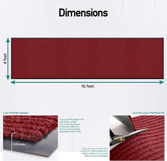 MaxMat® Oversized Rubber Door Mat - Heavy Duty, Waterproof, Low-Profile, Easy to Clean, Commercial Floor Mat (4 x 16 Feet, red, MXM-RIB0316BK)