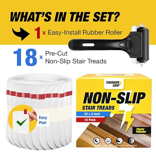 Clear Stair Treads Non-Slip 32"x4" - 18-Pack Indoor Stair Grips Non Slip for Wooden Steps - Anti Slip Adhesive Strips for Dogs & Elderly - Staircase Step Treads - Transparent Treads for Wood Stairs