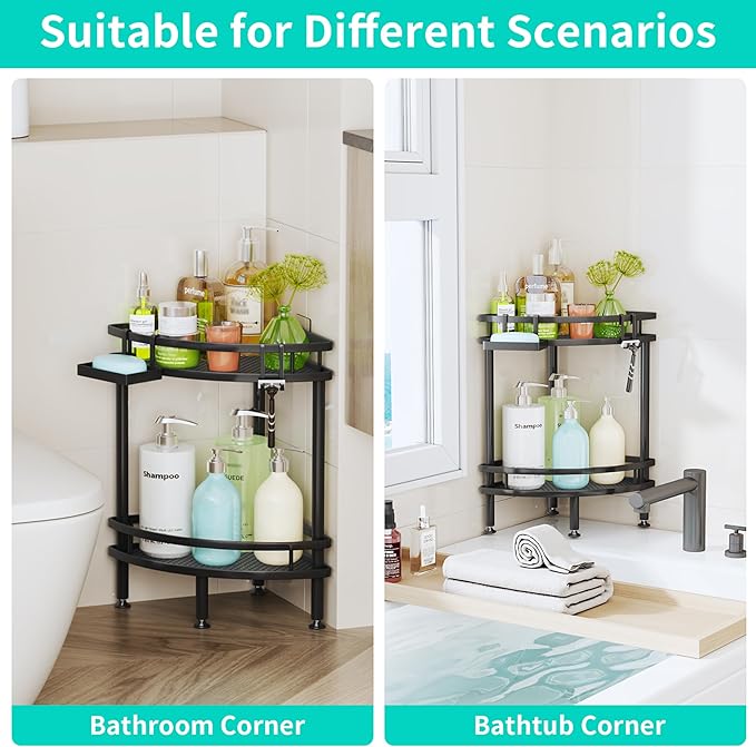 HapiRm Standing Corner Shower Caddy - 2 Tier Shower Organizer Corner with Soap Holder and 2 Hooks, Rustproof Bathroom Storage Shelves with Adhesives, Black