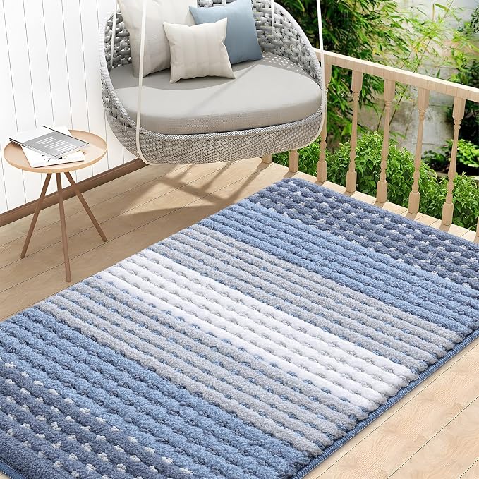 Kitinjoy Indoor Outdoor Door Mat, 48x32 Non-Slip Absorbent Dirt Trapper, Low-Profile Washable Inside Entrance Front Floor Mat, Sturdy Soft Entry Dotted Ombre Doormats for Entryway, Light Blue