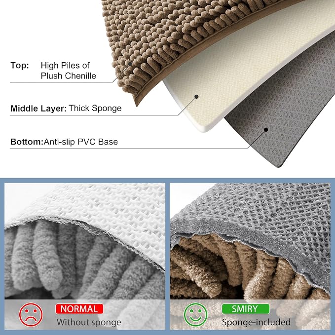 Smiry Luxury Chenille Bathroom Rugs 34x21, Extra Soft and Absorbent Shaggy Bath Mat, Machine Washable, Non-Slip Plush Carpet Runner for Tub, Shower, and Floor, Home Decor Accessories, Camel