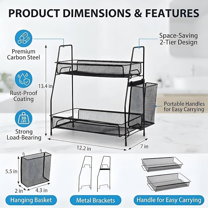 LEMIKKLE 2-Tier Bathroom Countertop Organizer,Skincare, Makeup Countertop Organizers, Kitchen, Bathroom Counter Storage with Small Basket (Black)