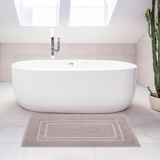 Feather & Stitch 2 Piece Towel Like Bath Mats (30x21 Inch) 100% Cotton Terry Bath Mats, Bathroom Shower Floor Mats [NOT A Bathroom Rug], Soft Absorbent Washable Mats- Taupe