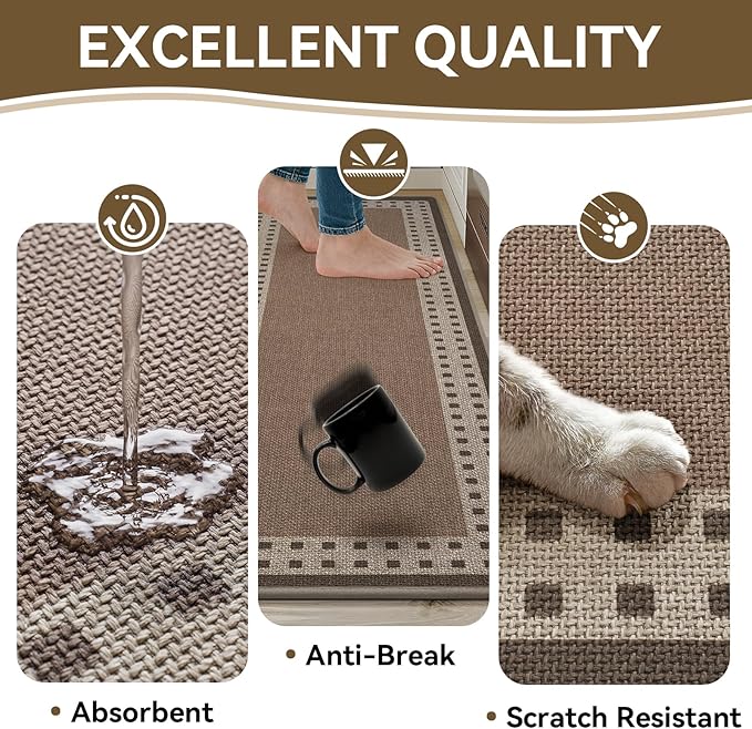 Kitchen Mats for Floor, 17''x30'' Washable Absorbent Kitchen Mat Non Slip, Braided Kitchen Runner Rug, Kitchen Sink Rug, Brown