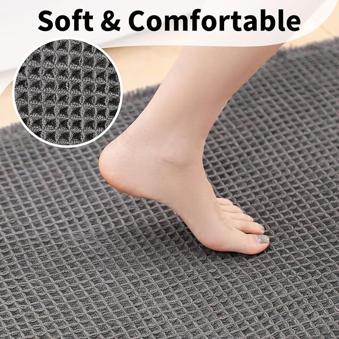 Waffle Bath Mat - Boho Bathroom Rugs Non Slip Washable, Super Absorbent & Quick Dry, Soft Bath Mat Farmhouse Bathroom Decor, 24'' x 48'', Dark Grey