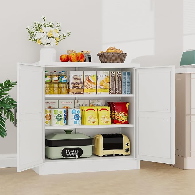 Metal Storage Cabinet with Doors & Adjustable Shelves, 36" Tall Farmhouse Pantry Cabinet, Small Sideboard for Kitchen, Dining, Living & Laundry Room, White