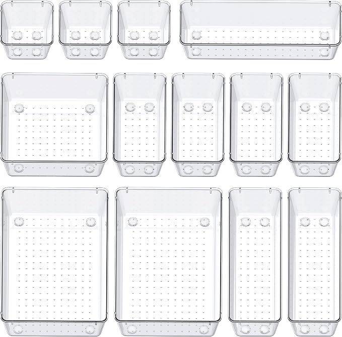 SMARTAKE 13-Piece Drawer Organizers with Non-Slip Silicone Pads, 5-Size Desk Bathroom Drawer Organizer Trays Storage Tray for Makeup, Jewelries, Utensils in Bedroom Dresser, Office and Kitchen, Clear