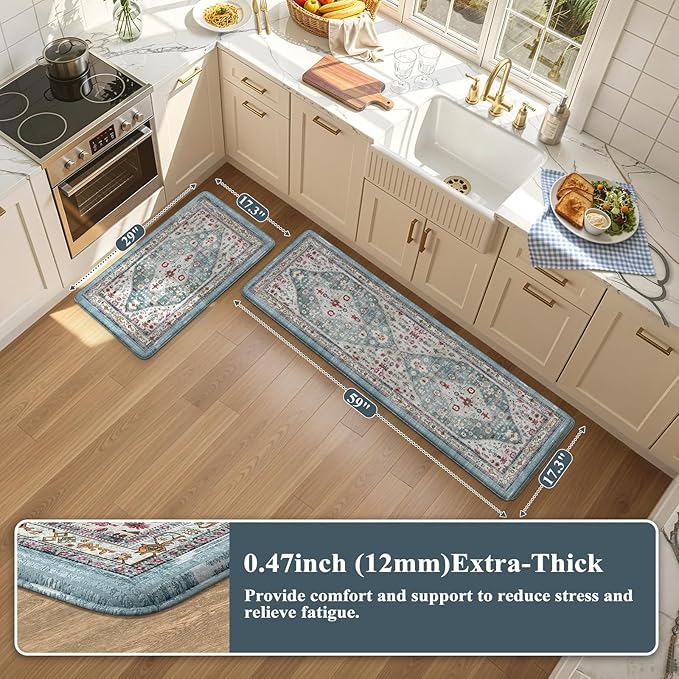 Collive Boho Kitchen Rugs and Mats 2PCS Cushioned Anti-Fatigue Floor Mat, Waterproof Kitchen Rug Set of 2 Non-Skid Comfort Standing Mat for Kitchen,Home,Office,Sink,Laundry,17.3"x29"+17.3"x59"