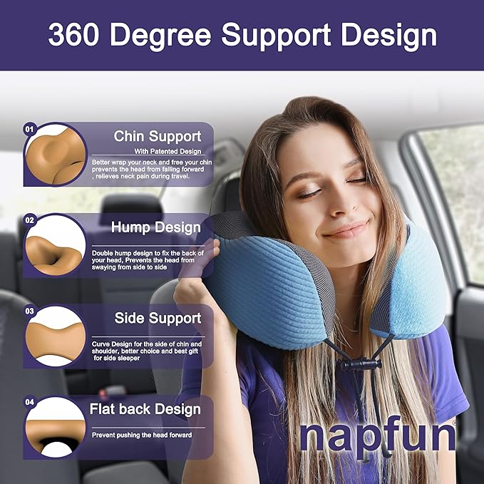 napfun Neck Pillow for Traveling, Upgraded Travel Neck Pillow for Airplane 100% Pure Memory Foam Travel Pillow for Flight Headrest Sleep, Portable Plane Accessories, Sky Blue