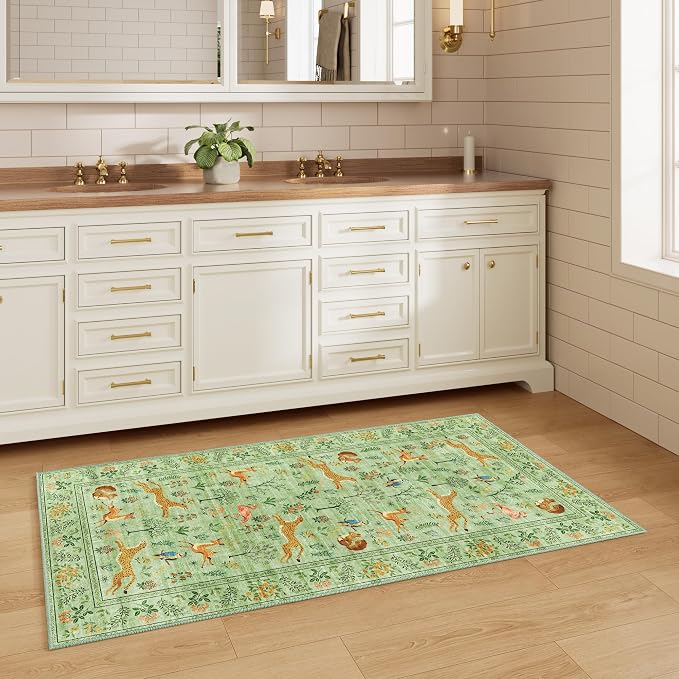 DUKINO 2x4 Rug for Hallway, Washable Kitchen Runner Rug with Non Slip Backing, Soft Low Pile Vintage Animal Runner for Bedroom, Kitchen, Hallway, Entryway, Laundry, Light Green