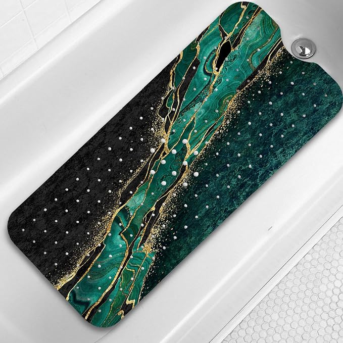 Bathtub Mat Non Slip, 40x16 inch Bath and Shower Safety Mats, Green and Gold Marble Tub Mat for Bathroom, Tub Shower Mat with Drain Holes and Suction Cups