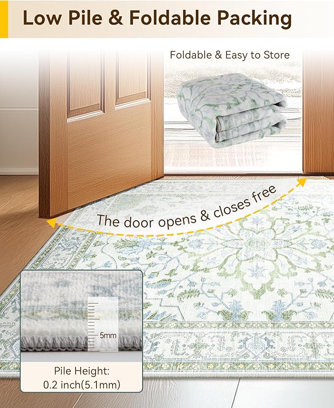 RELEANY Area Rugs Runner 2'x10' Washable Non-Slip, Floral Vintage Distress Medallion Carpet for Kitchen Hallway Bedroom Beside Laundry Room Bathroom, Green White Blue