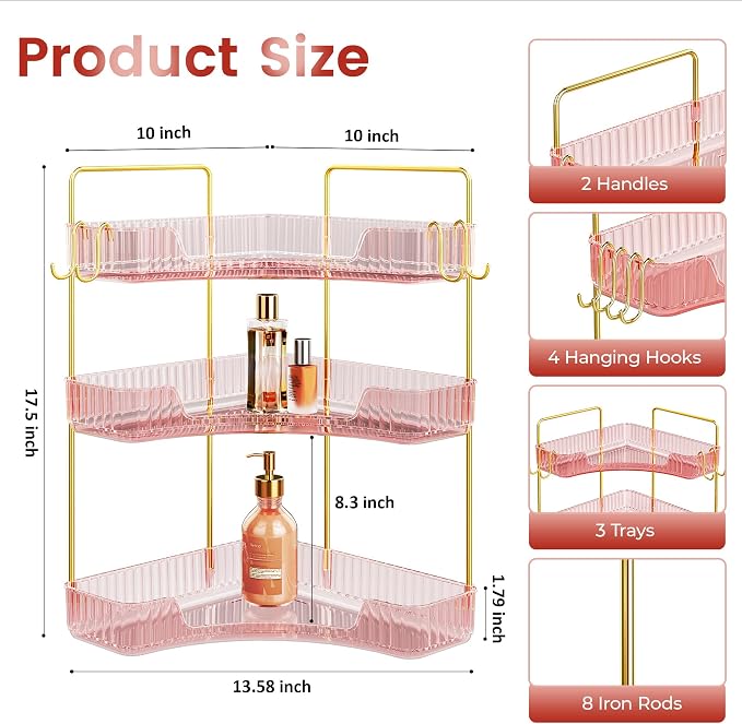 Corner Bathroom Counter Organizer 3-Tier Bathroom Organizer Countertop with Hooks Perfume Organizers Storage Shelf for Makeup & Skincare Dresser-Pink