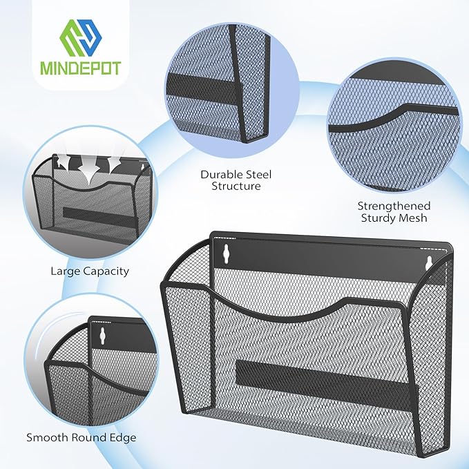 MINDEPOT Magnetic Wall File Holder - Metal Mesh Wall File Organizer with Powerful Magnet Single Pocket Wall Folder Holder for Office File Cabinet Whiteboard, No Assembly Required, Space Saver, Black