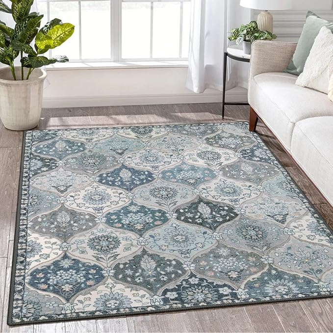 Lahome Moroccan Machine Washable Area Rugs, 4x6 Rug for Living Room Bedroom, Soft Non-Slip Rug Vintage Trellis Ultra-Thin Throw Carpet for Dining Room Office Elise, Blue