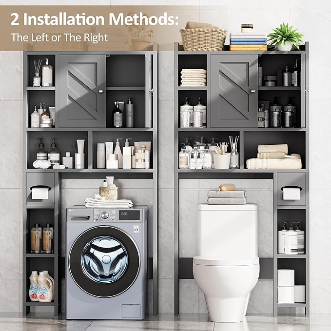 Over the Toilet Storage Cabinet, Freestanding Farmhouse Storage Cabinet Over Toilet, Bathroom Organizer with Paper Holder Stand and Adjustable Shelf, Grey