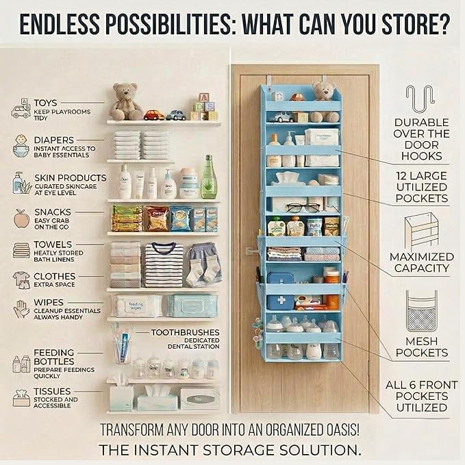 HOMELUX THEORY UPGRADED 6 Tiers Over The Door Organizer Hanging - 100D EXTRA THICK & 50lbs HUGE CAPACITY, 12 Side Mesh Pockets Over The Door Shoe Organizer, Hanging Closet Organizer (Baby Blue, 1pc)