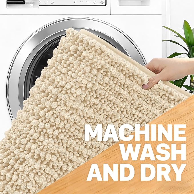 OLANLY Bathroom Rug Mat 34x21, Thick Soft and Absorbent Chenille Bath Mat, Non-Slip Rubber Backing, Machine Washable Quick Dry Bath Rugs for Tub Shower Floor, Home Decor Accessories, Beige