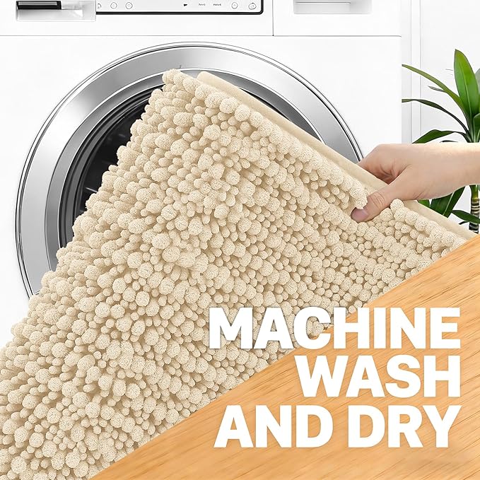 OLANLY Long Bathroom Rugs Runner 47x17, Thick Soft and Absorbent Chenille Bath Mat, Non-Slip, Machine Washable Quick Dry Bath Rugs for Tub Shower Floor, Home Decor Accessories, Beige