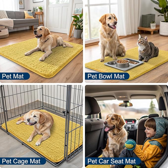Smiry Dog Door Mat for Muddy Paws 24x16, Absorbent Dirt Trapper, Non-Slip Washable Chenille Entryway Rug for Inside Floor, Yellow, Classic Solid