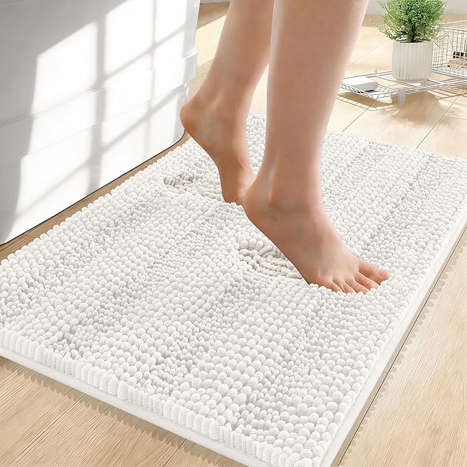 OLANLY Thick Small Bathroom Rugs 24x16, Extra Soft Absorbent Chenille Striped Bath Rugs, Rubber Backing, Machine Wash, Bath Mats for Bathroom Floor, Tub and Shower, Home Decor Accessories, Ivory