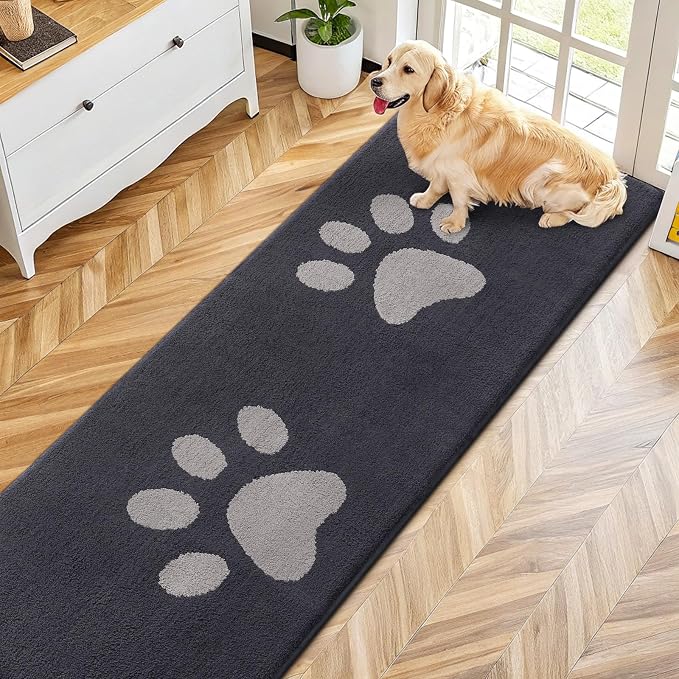 Smiry Dog Door Mat for Muddy Paws, Absorbs Moisture and Dirt, Low-Profile Entryway Mat with Non-Slip Backing, Entry Indoor Outdoor Doormat for Inside Floor (70x24 Inches, Dark Grey, Paw