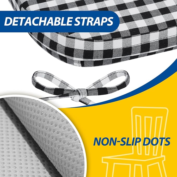 AAAAAcessories D-Shaped Chair Cushions, 2" Thick Dining Chair Pads with Ties and Removable, Machine-Washable Cover, 17" x 16", Set of 4, Checkered Black/White
