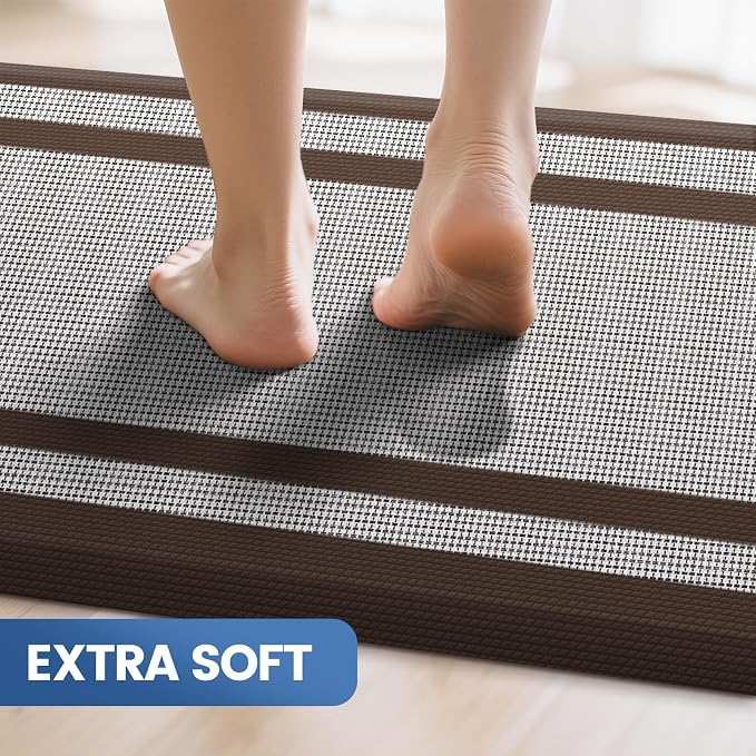KitchenClouds [2 PCS Kitchen Rugs Cushioned Anti-Fatigue Kitchen Mats for Floor Waterproof Kitchen Rug Set Non-Slip Comfort Standing Mat for Office, Sink, Laundry 20"×30"+20"×60",Chocolate