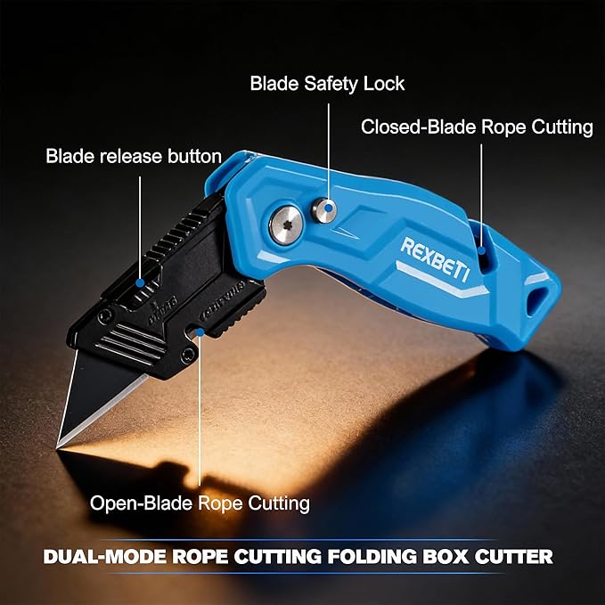 REXBETI Folding Pocket Utility Knife Quick-change SK2 Box Cutter for Cartons, Cardboard and Boxes, Back-lock Mechanism with 20 Extra Blades (12 folding utility knife)