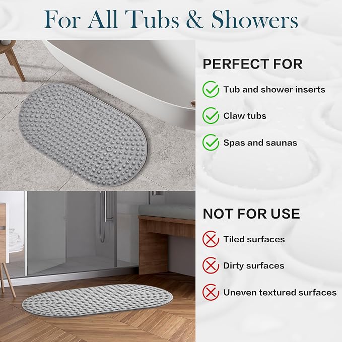 Non Slip Shower Mat 27x15 - Small Oval Bath Mat for Inside Tub, Silicone Bubble Pop It Bathroom Floor Mat with Strong Suction Cups, Quick Dry, Anti Slip Bathtub Mat for Shower, Grey