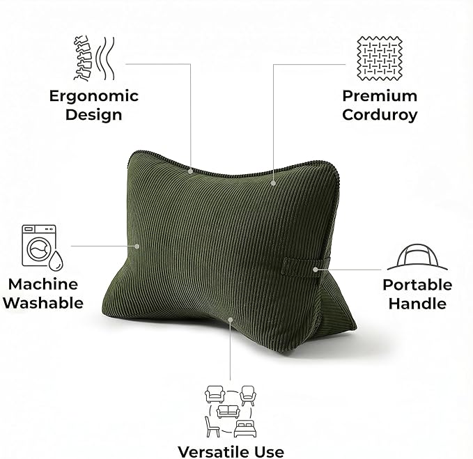 Pat. Pend. Corduroy Ergonomic Lumbar Support Pillow for Sitting Support, Triangle Back Cushion for Sofa, Armchair & Bed, Washable Cover, Avocado Green