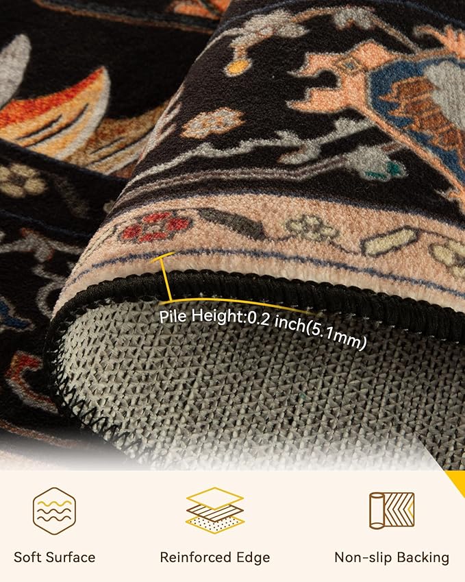 RELEANY Area Rugs Round 10ft Washable Non-Slip, Floral Vintage Distress Medallion Carpet for Living Room Bedroom Dining Room, Black Colorful Floral Dark Tan