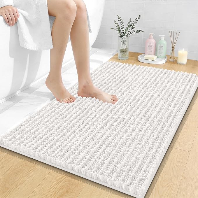 OLANLY Bathroom Rug Mat 36x24, Thick Soft and Absorbent Chenille Bath Mat, Non-Slip Rubber Backing, Machine Washable Quick Dry Bath Rugs for Tub Shower Floor, Home Decor Accessories, Ivory