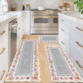 Vaukki Boho Kitchen Rug Sets 3 Pieces, Washable Kitchen Mats for Floor, Non Slip Soft Kitchen Area Rug Floor Mat for Kitchen, Laundry Room and Hallway (Flower-Grey, 20''x32''+20''x47''+20''x59'')