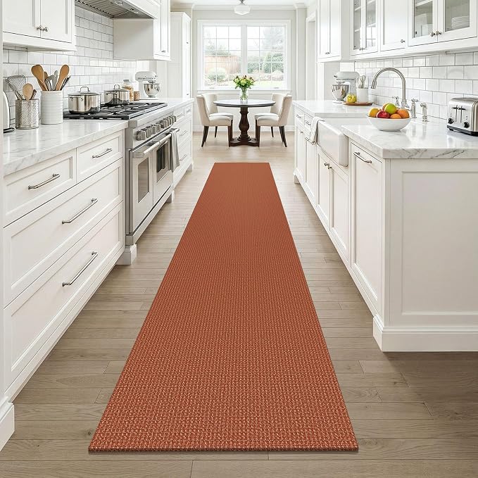 KOZYFLY Orange 2x12 Runners Rugs for Hallway, Long Washable Runner Rug, Woven Non Slip Kitchen Runner, Braided Entryway Rug, Floor Carpet for Entry, Aisle, Hall, Burnt Orange/Tan