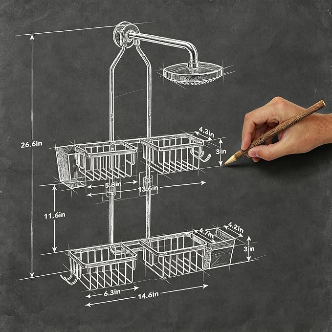 Adjustable Hanging Shower Caddy for Handheld Showerhead, Rustproof Aluminum Over Shower Head Organizer, Renter-Friendly No-Swing Storage for Tall Bottles & Soap, 2-Tier, Gold