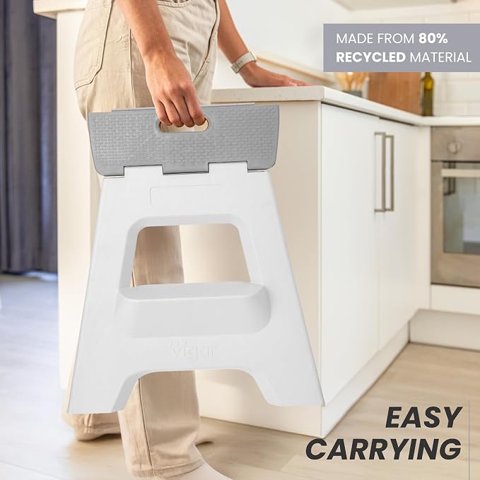Vigar Compact Folding Step Stool - 16 Inch 2 Step Foldable Step Stool for Adults, Lightweight Portable Stool with Handle, Non Slip Step Stool, Space-Saving Stool up to 330 lb - Gray