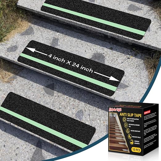 10 Pack 4” x 24” Anti Slip Traction Treads with Glow in The Dark Stripe, Outdoor Waterproof Non Skid Pre-Cut Tape with Roller, High Traction Friction Abrasive Adhesive for Stairs Step
