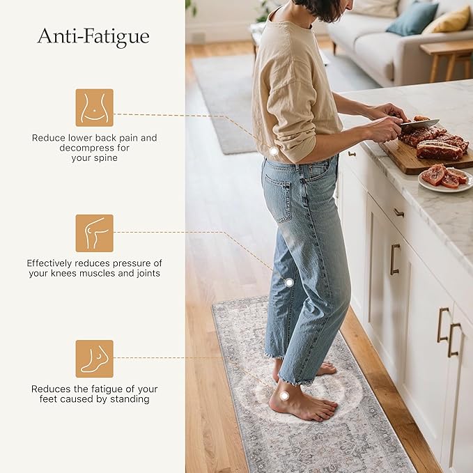 GENIMO Kitchen Mats for Floor 2PCs, Washable Anti Fatigue Mat for Cushioned, 17.3"x47"+17.3"x30", Waterproof Kitchen Rugs, Non Slip Comfort Standing Mat Rug for Home, Sink, Laundry, Soft Rose Taupe