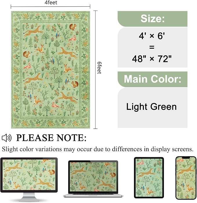 DUKINO 4x6 Rug, Washable Animal Area Rug with Non Slip Vintage Design, Indoor Soft Low Pile Carpet for Bedroom, Nursery, Dining Room, Farmhouse, Playroom, Light Green
