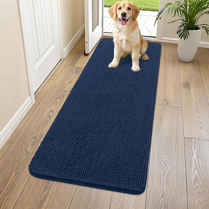Smiry Dog Door Mat for Muddy Paws 54x24, Absorbent Dirt Trapper, Non-Slip Washable Chenille Entryway Rug for Inside Floor, Dark Blue, Classic Solid