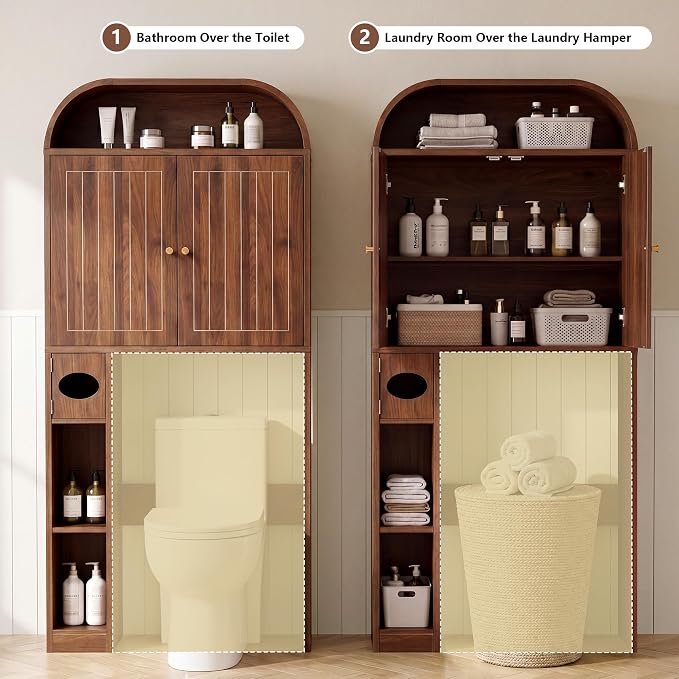 LEVNARY 31" Wide Over the Toilet Storage with Toilet Paper Holder, Arched Bathroom Organizer with Fluted Doors, 4-Tier Space Saving Freestanding Cabinet with Adjustable Shelves (Walnut)