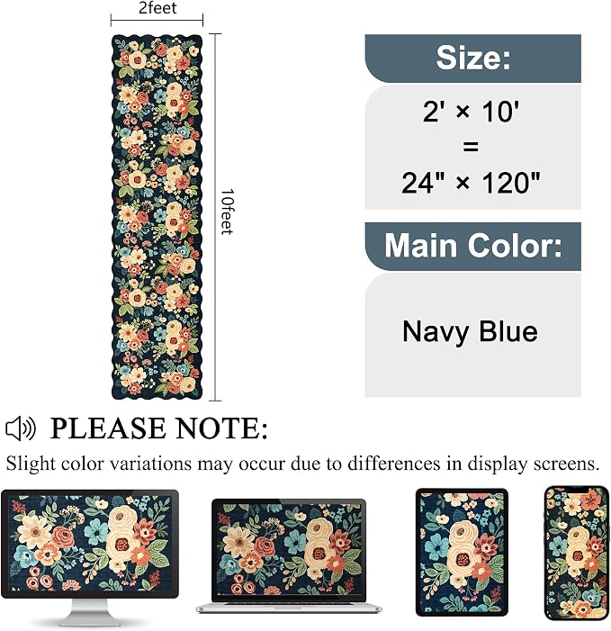 DUKINO 2x10 Runner Rug for Hallway, Washable Kitchen Rug with Non Slip Backing & Non-Shediing, Soft Low Pile Floral Design Runner for Bedroom, Kithchen, Living Room, Laundry, Bathroom, Navy Blue